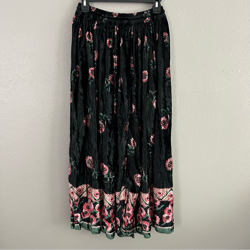 Vintage Floral Velvet Maxi Skirt Free Size Pull On Elastic Waist Boho Black Pink - Picture 6 of 11